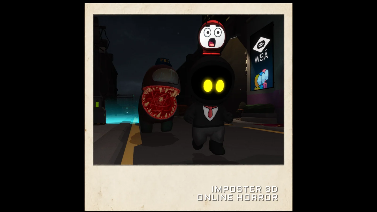 Imposter 3D: Online Horror — framed photo of a yellow-eyed astronaut fleeing a toothy monster in a city street