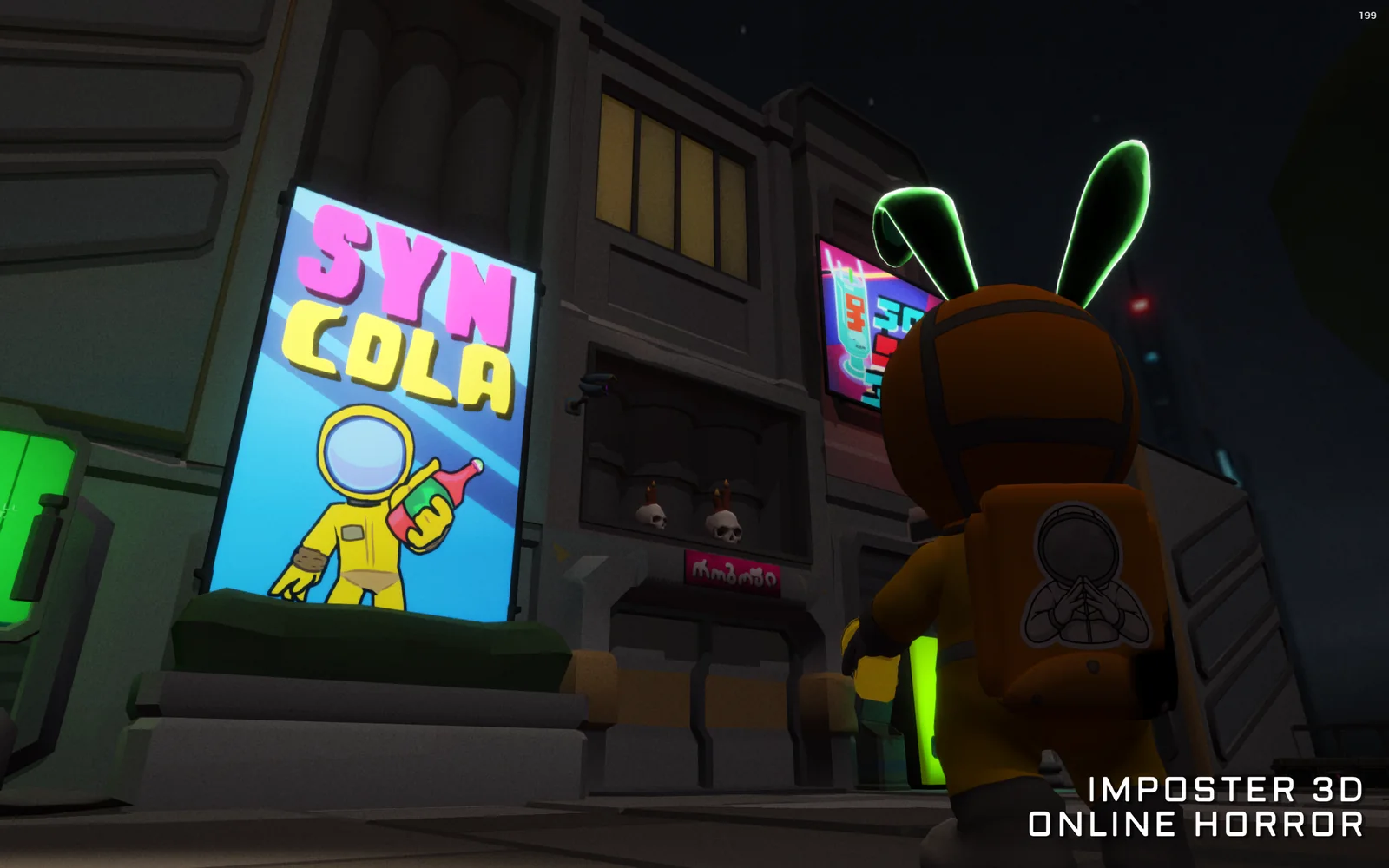 Imposter 3D: Online Horror — astronaut with glowing bunny ears beneath neon city billboards