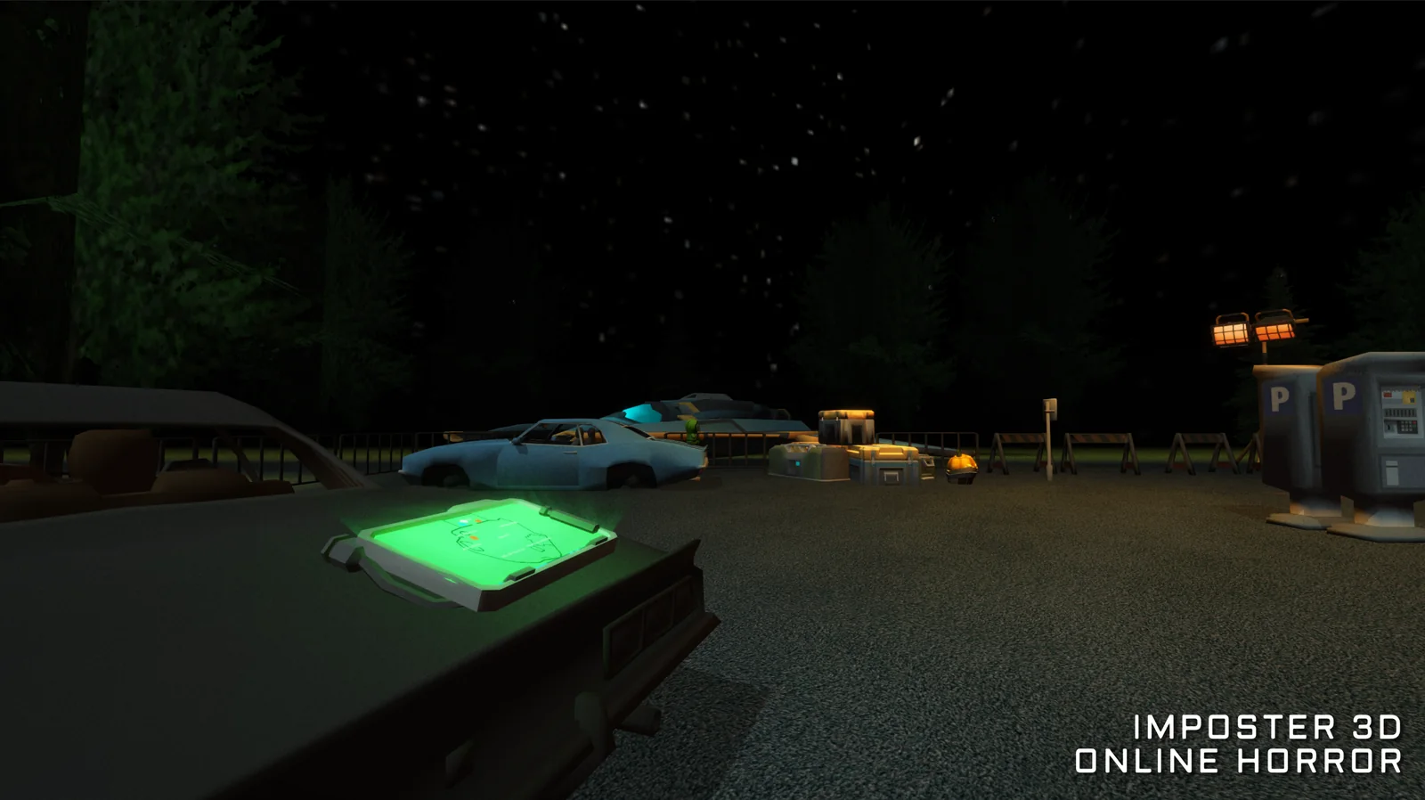 Imposter 3D: Online Horror — glowing map tablet, abandoned cars and supply crates in a forest parking lot at night